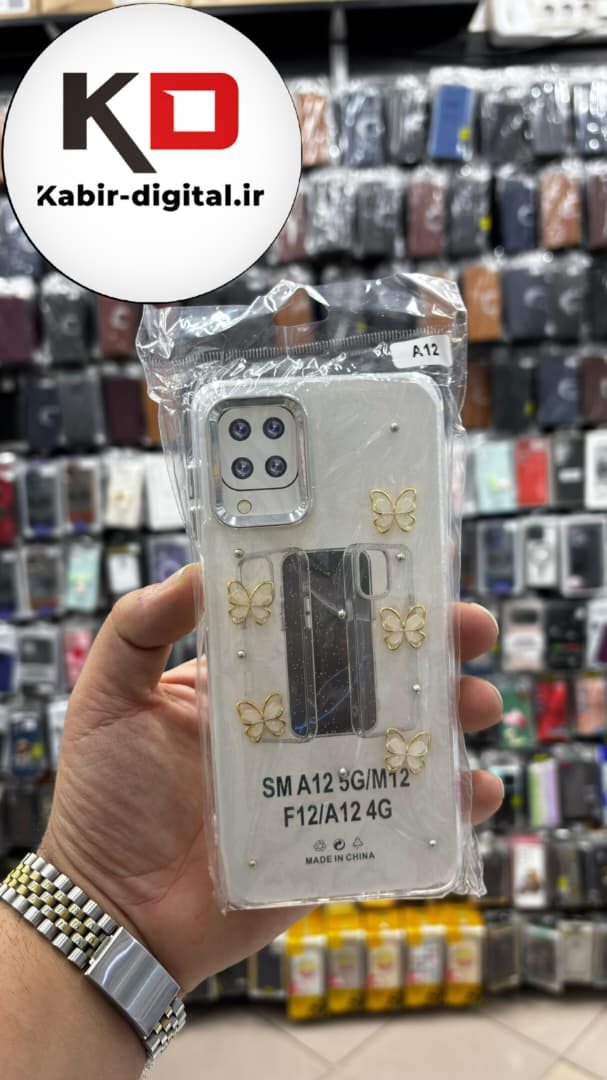 قاب گوشی Galaxy A12/M12/F12 سامسونگ لاکچری شفاف رزینی طرح شاین لنز کرومی طرح پروانه طلایی