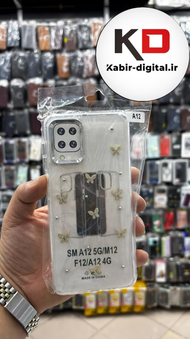 قاب گوشی Galaxy A12/M12/F12 سامسونگ لاکچری شفاف رزینی طرح شاین لنز کرومی طرح پروانه نگین دار