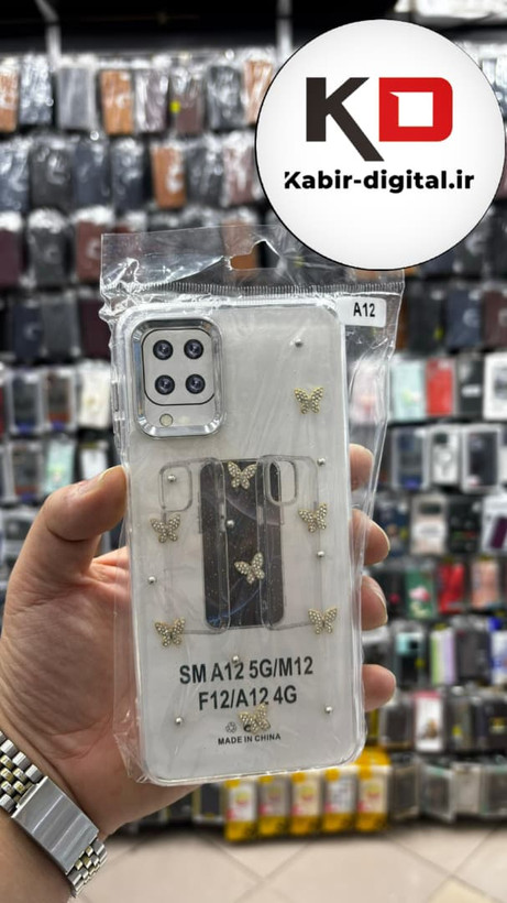 قاب گوشی Galaxy A12/M12/F12 سامسونگ لاکچری شفاف رزینی طرح شاین لنز کرومی طرح پروانه نگین دار