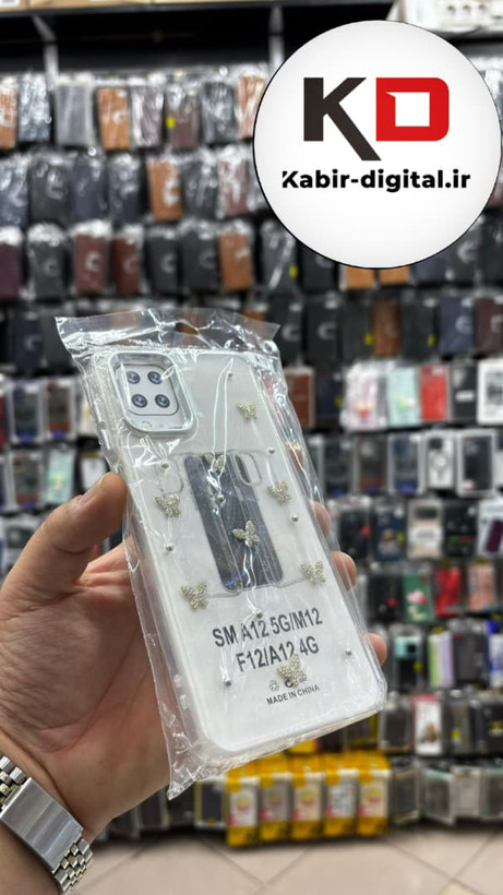قاب گوشی Galaxy A12/M12/F12 سامسونگ لاکچری شفاف رزینی طرح شاین لنز کرومی طرح پروانه نگین دار