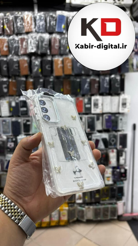 قاب گوشی Galaxy A55 / A35 سامسونگ لاکچری شفاف رزینی طرح شاین لنز کرومی طرح پروانه نگین دار