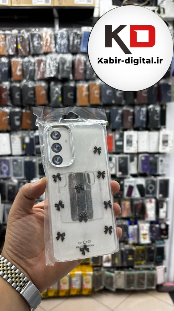 قاب گوشی Galaxy A54 سامسونگ لاکچری شفاف رزینی طرح شاین لنز کرومی طرح پاپیون مشکی