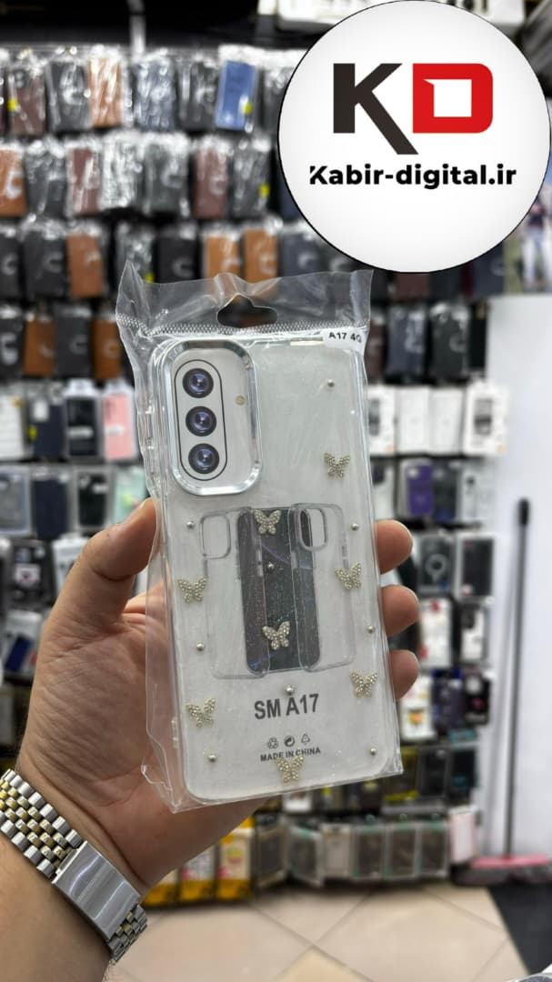 قاب گوشی Galaxy A17 سامسونگ لاکچری شفاف رزینی طرح شاین لنز کرومی طرح پروانه نگین دار