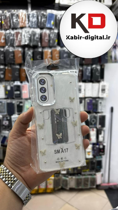 قاب گوشی Galaxy A17 سامسونگ لاکچری شفاف رزینی طرح شاین لنز کرومی طرح پروانه نگین دار