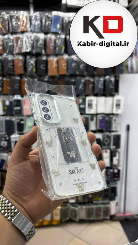 قاب گوشی Galaxy A17 سامسونگ لاکچری شفاف رزینی طرح شاین لنز کرومی طرح پروانه نگین دار
