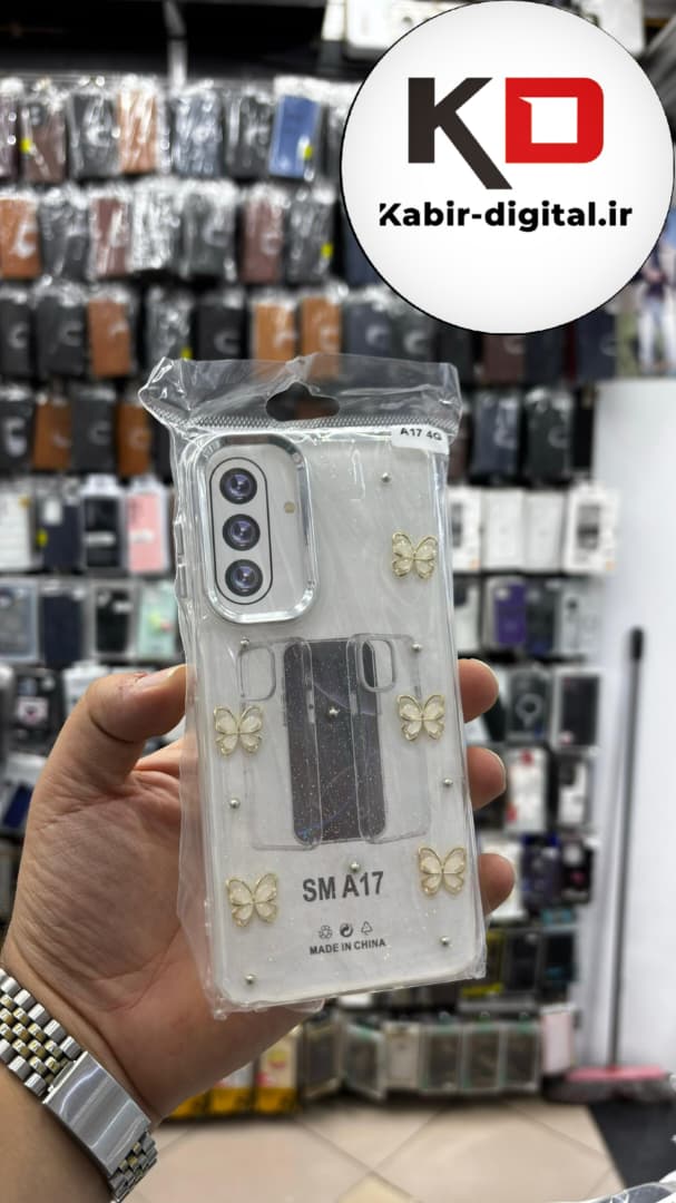 قاب گوشی Galaxy A17 سامسونگ لاکچری شفاف رزینی طرح شاین لنز کرومی طرح پروانه طلایی