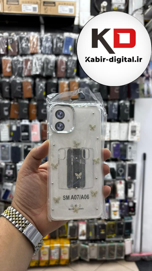 قاب گوشی Galaxy A07 / A06 سامسونگ لاکچری شفاف رزینی طرح شاین لنز کرومی طرح پروانه نگین دار