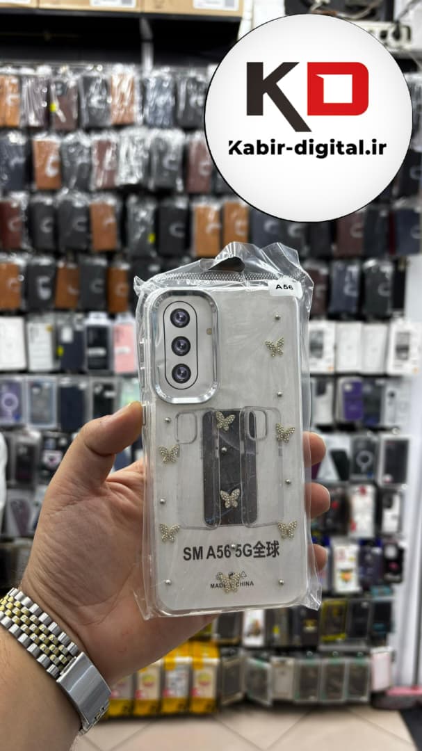 قاب گوشی Galaxy A56 / A36 سامسونگ لاکچری شفاف رزینی طرح شاین لنز کرومی طرح پروانه نگین دار