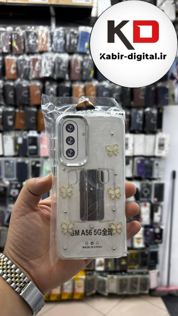 قاب گوشی Galaxy A56 / A36 سامسونگ لاکچری شفاف رزینی طرح شاین لنز کرومی طرح پروانه طلایی