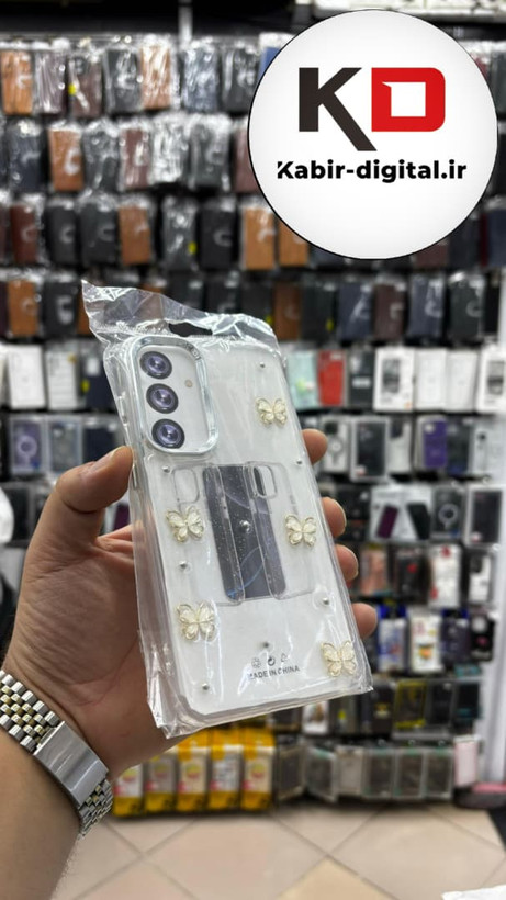 قاب گوشی Galaxy S24 FE سامسونگ لاکچری شفاف رزینی طرح شاین لنز کرومی طرح پروانه طلایی
