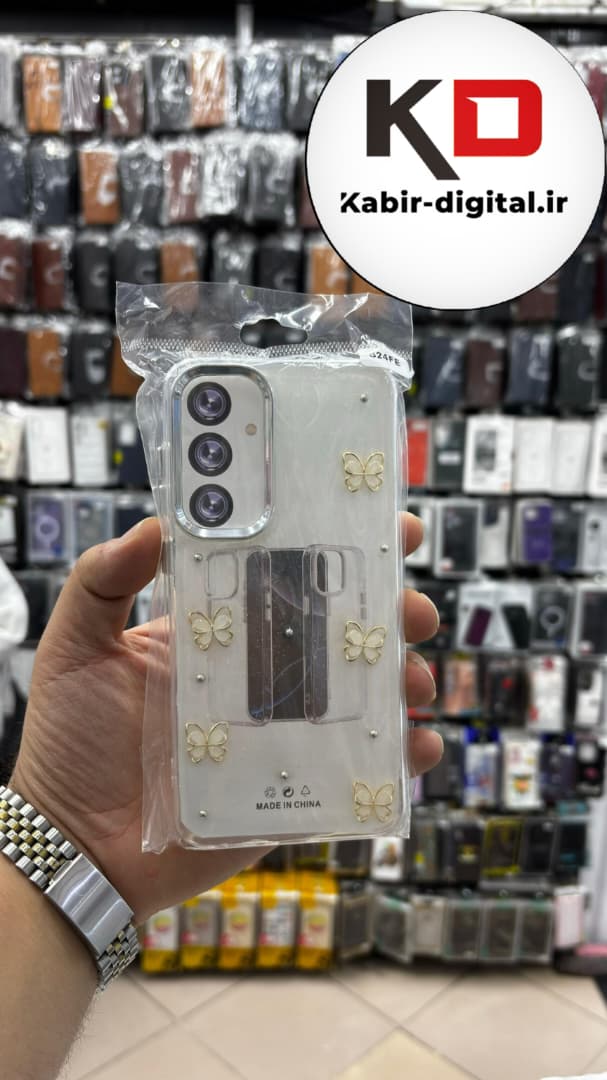 قاب گوشی Galaxy S24 FE سامسونگ لاکچری شفاف رزینی طرح شاین لنز کرومی طرح پروانه طلایی