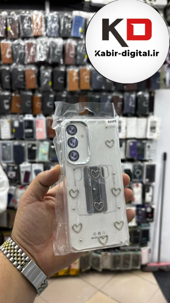 قاب گوشی Galaxy S24 FE سامسونگ لاکچری شفاف رزینی طرح شاین لنز کرومی طرح قلبی