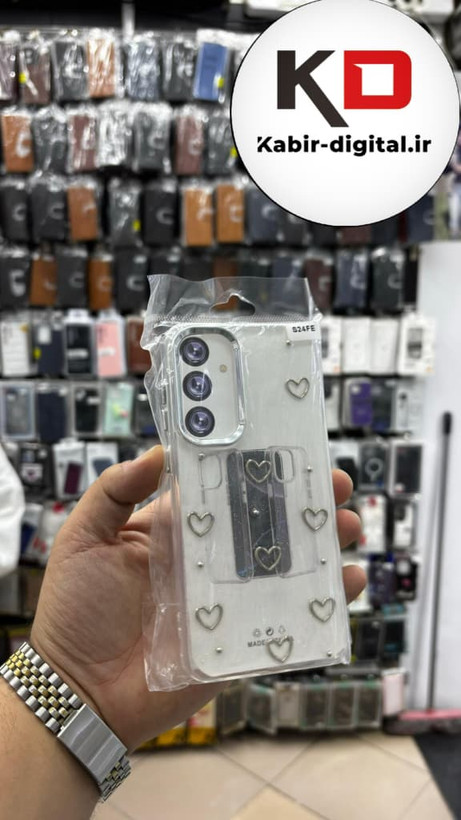 قاب گوشی Galaxy S24 FE سامسونگ لاکچری شفاف رزینی طرح شاین لنز کرومی طرح قلبی