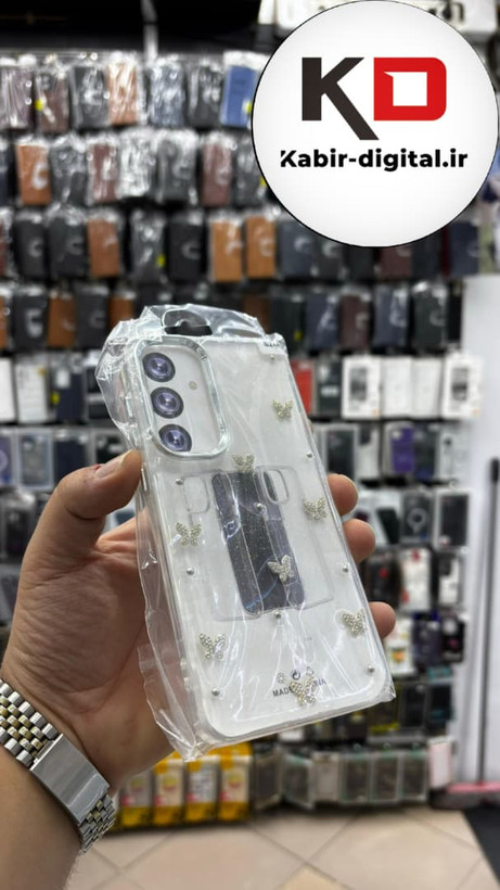 قاب گوشی Galaxy S25 FE سامسونگ لاکچری شفاف رزینی طرح شاین لنز کرومی طرح پروانه نگین دار
