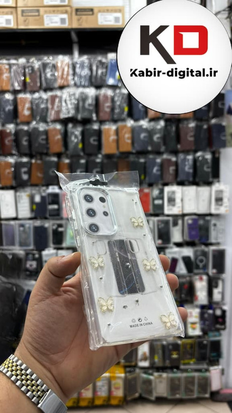قاب گوشی Galaxy S24 Utra سامسونگ لاکچری شفاف رزینی طرح شاین لنز کرومی طرح پروانه طلایی