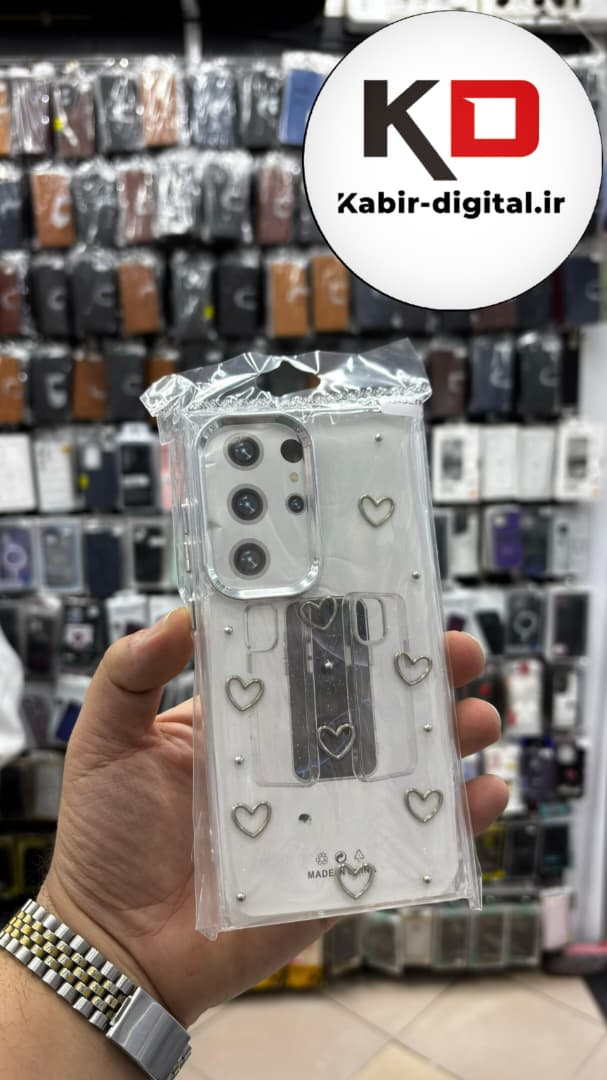 قاب گوشی Galaxy S24 Utra سامسونگ لاکچری شفاف رزینی طرح شاین لنز کرومی طرح قلبی