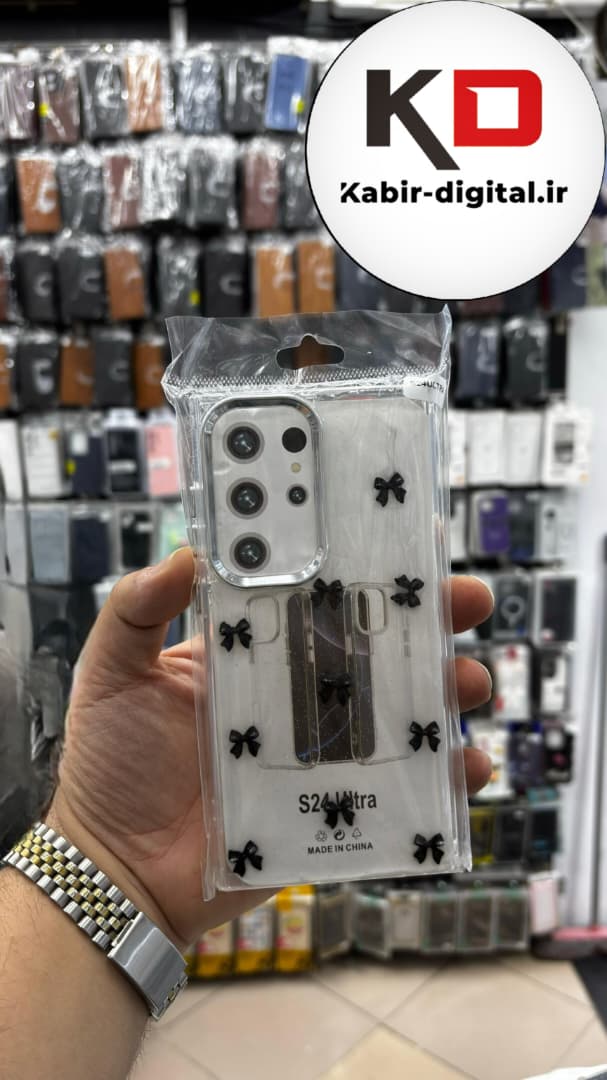 قاب گوشی Galaxy S24 Utra سامسونگ لاکچری شفاف رزینی طرح شاین لنز کرومی طرح پاپیون مشکی