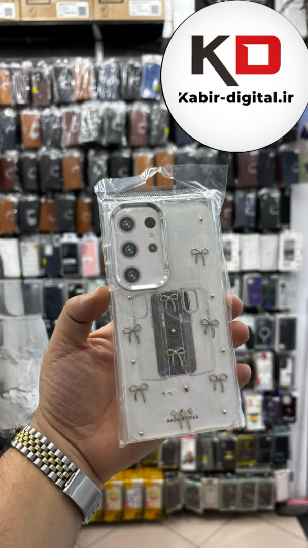 قاب گوشی Galaxy S25 Utra سامسونگ لاکچری شفاف رزینی طرح شاین لنز کرومی طرح پاپیون