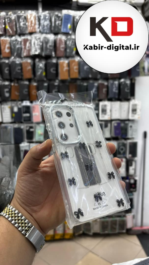 قاب گوشی Galaxy S25 Utra سامسونگ لاکچری شفاف رزینی طرح شاین لنز کرومی طرح پاپیون مشکی