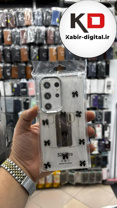 قاب گوشی Galaxy S25 Utra سامسونگ لاکچری شفاف رزینی طرح شاین لنز کرومی طرح پاپیون مشکی