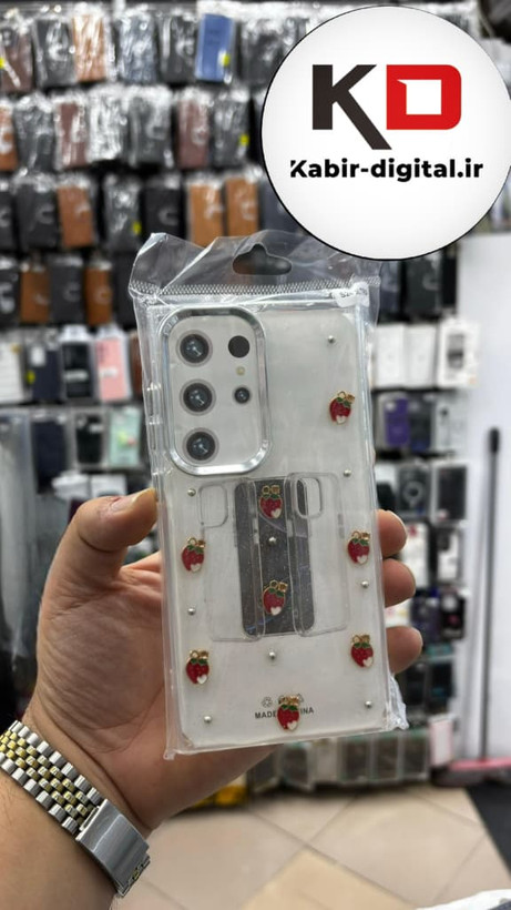 قاب گوشی Galaxy S25 Utra سامسونگ لاکچری شفاف رزینی طرح شاین لنز کرومی طرح توت فرنگی