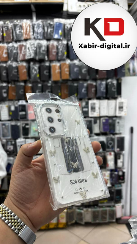 قاب گوشی Galaxy S25 Utra سامسونگ لاکچری شفاف رزینی طرح شاین لنز کرومی طرح پروانه نگین دار