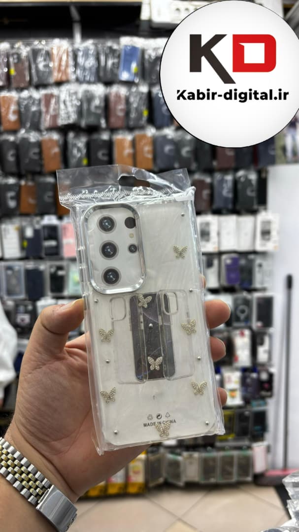 قاب گوشی Galaxy S25 Utra سامسونگ لاکچری شفاف رزینی طرح شاین لنز کرومی طرح پروانه نگین دار