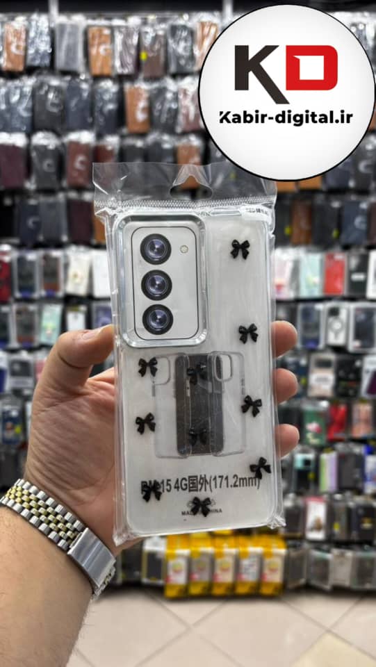 قاب گوشی Redmi 15 شیائومی لاکچری شفاف رزینی طرح شاین لنز کرومی طرح پاپیون مشکی