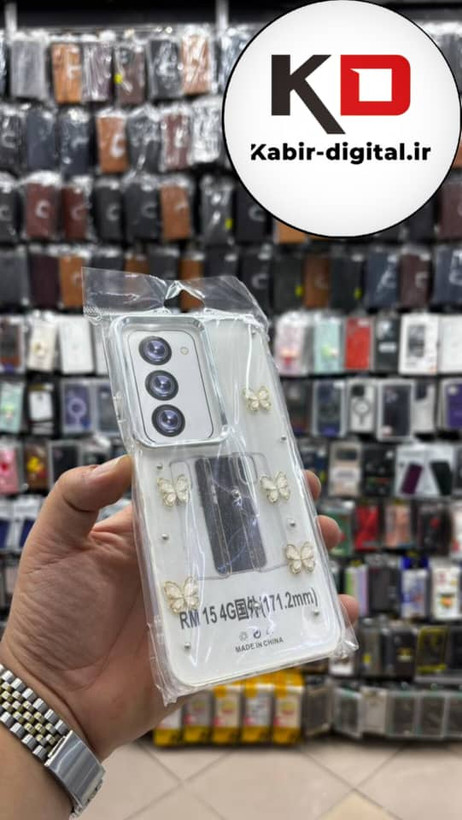 قاب گوشی Redmi 15 شیائومی لاکچری شفاف رزینی طرح شاین لنز کرومی طرح پروانه طلایی