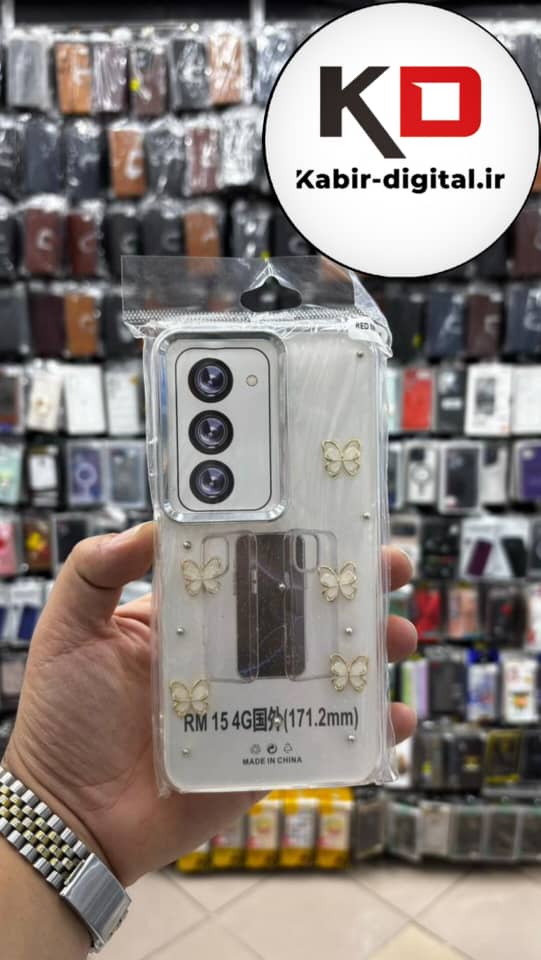 قاب گوشی Redmi 15 شیائومی لاکچری شفاف رزینی طرح شاین لنز کرومی طرح پروانه طلایی