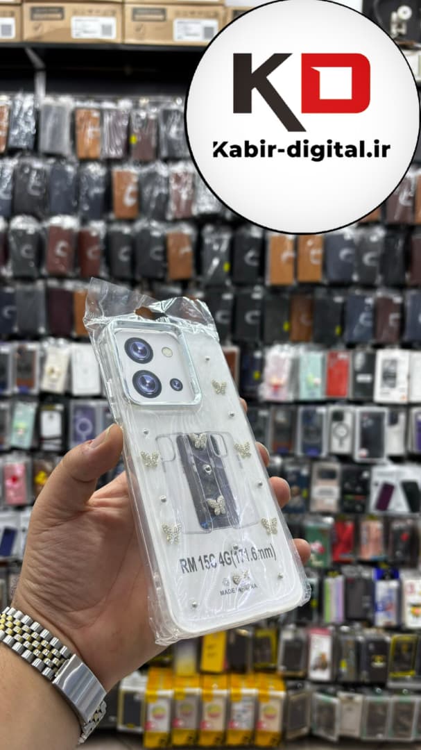 قاب گوشی Redmi 15c / POCO C85 شیائومی لاکچری شفاف رزینی طرح شاین لنز کرومی طرح پروانه نگین دار