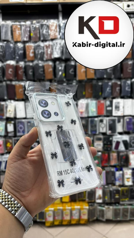 قاب گوشی Redmi 15c / POCO C85 شیائومی لاکچری شفاف رزینی طرح شاین لنز کرومی طرح پاپیون مشکی
