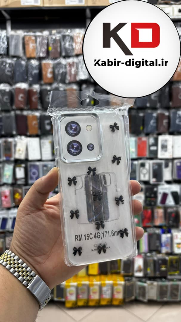 قاب گوشی Redmi 15c / POCO C85 شیائومی لاکچری شفاف رزینی طرح شاین لنز کرومی طرح پاپیون مشکی