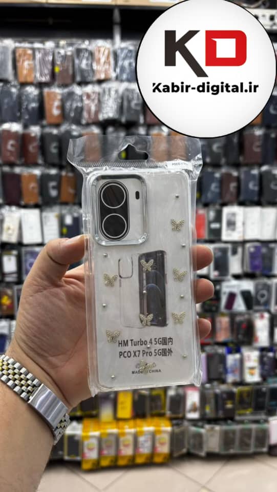 قاب گوشی  Redmi turbo 4 5g / POCO X7 PRO شیائومی لاکچری شفاف رزینی طرح شاین لنز کرومی طرح پروانه نگین دار
