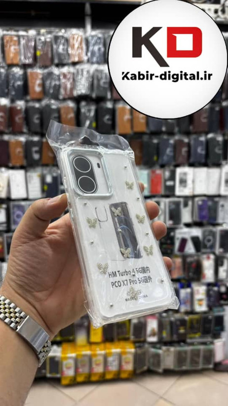 قاب گوشی Redmi turbo 4 5g / POCO X7 PRO شیائومی لاکچری شفاف رزینی طرح شاین لنز کرومی طرح پروانه نگین دار