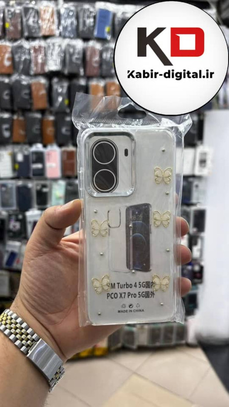 قاب گوشی Redmi turbo 4 5g / POCO X7 PRO شیائومی لاکچری شفاف رزینی طرح شاین لنز کرومی طرح پروانه طلایی