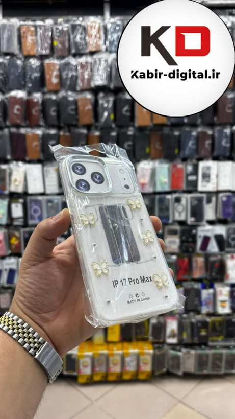 قاب گوشی iPhone 17 Pro Max آیفون لاکچری شفاف رزینی طرح شاین لنز کرومی طرح پروانه طلایی
