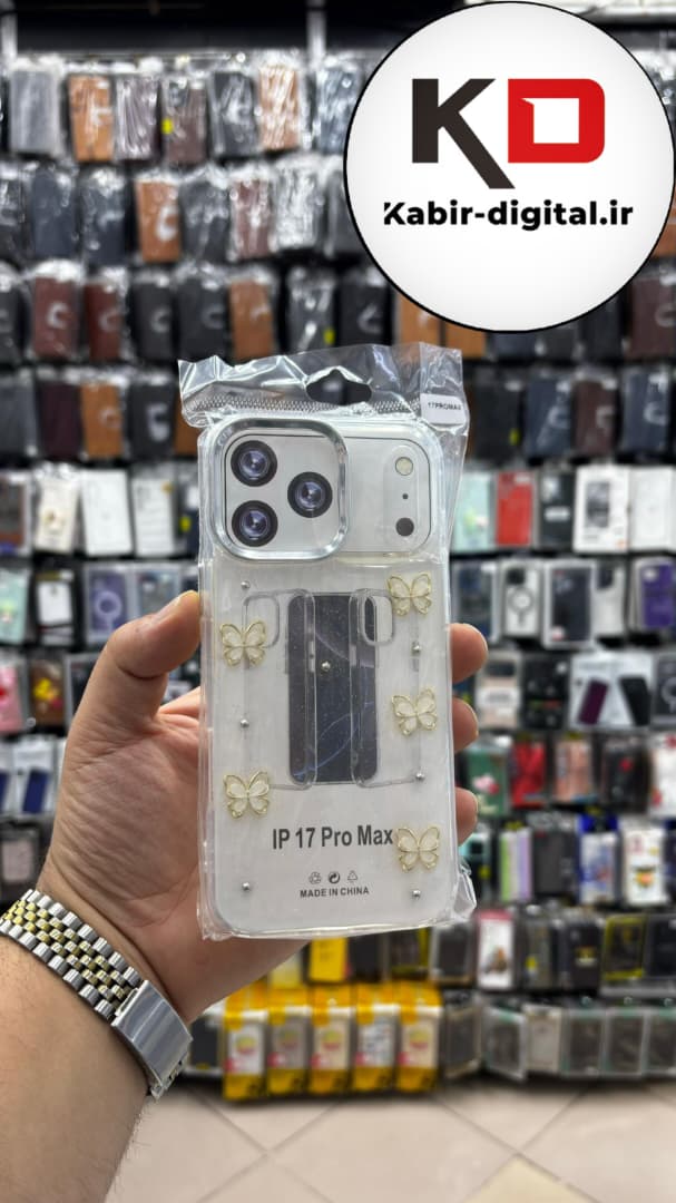 قاب گوشی iPhone 17 Pro Max آیفون لاکچری شفاف رزینی طرح شاین لنز کرومی طرح پروانه طلایی