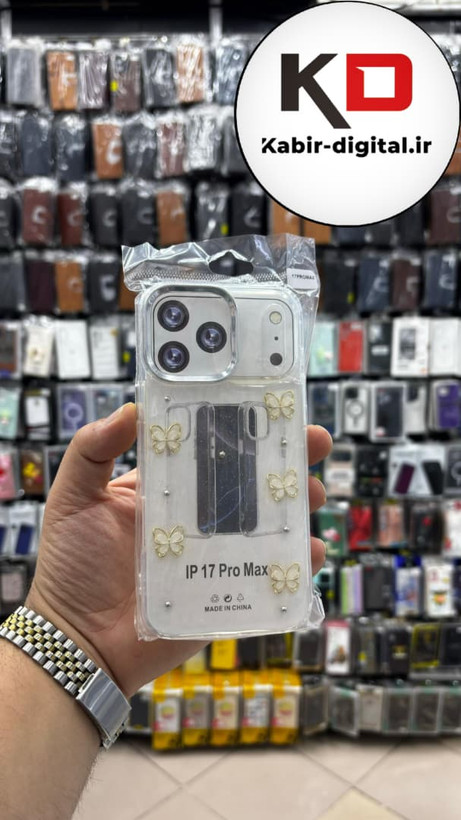 قاب گوشی iPhone 17 Pro Max آیفون لاکچری شفاف رزینی طرح شاین لنز کرومی طرح پروانه طلایی