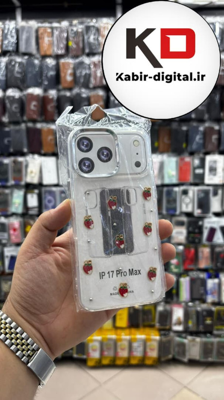 قاب گوشی iPhone 17 Pro Max آیفون لاکچری شفاف رزینی طرح شاین لنز کرومی طرح توت فرنگی
