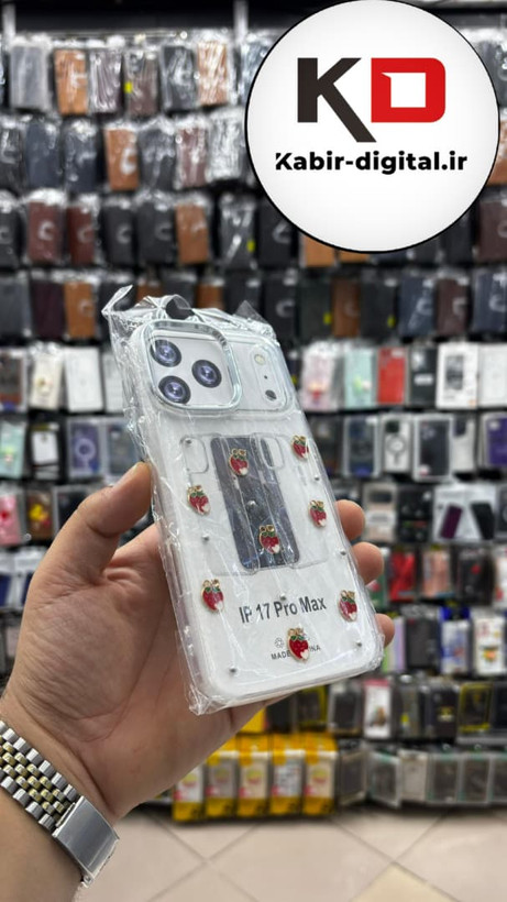قاب گوشی iPhone 17 Pro Max آیفون لاکچری شفاف رزینی طرح شاین لنز کرومی طرح توت فرنگی