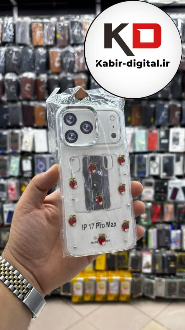قاب گوشی iPhone 17 Pro Max آیفون لاکچری شفاف رزینی طرح شاین لنز کرومی طرح توت فرنگی