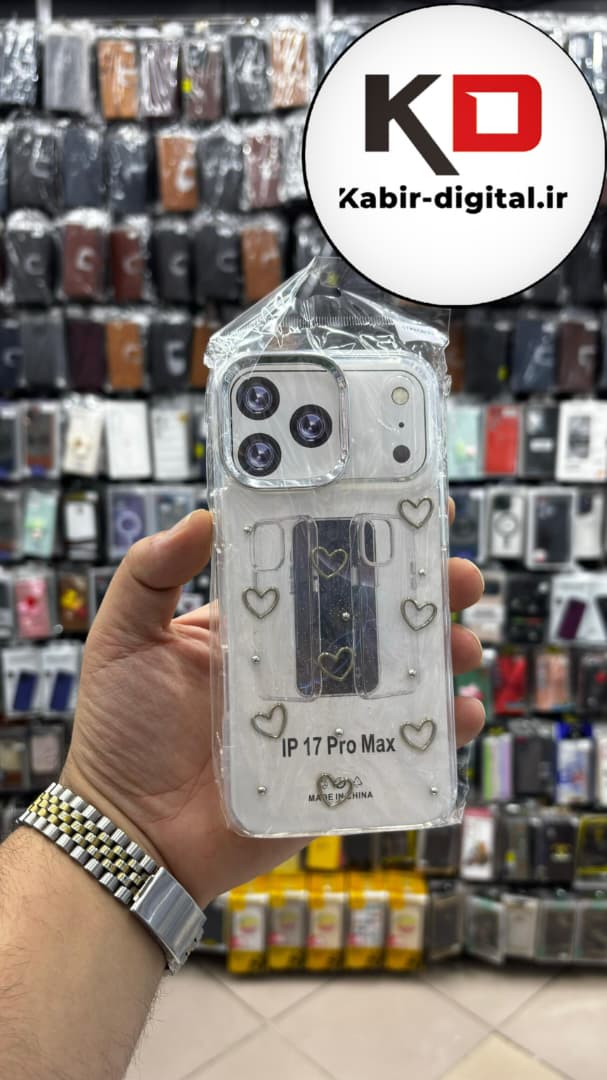 قاب گوشی iPhone 17 Pro Max آیفون لاکچری شفاف رزینی طرح شاین لنز کرومی طرح قلبی