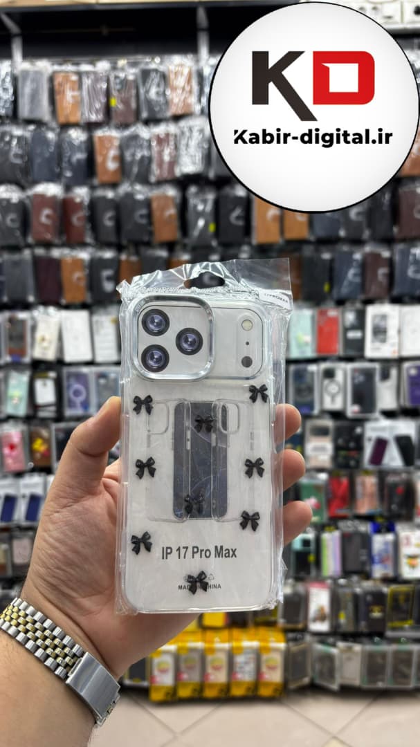 قاب گوشی iPhone 17 Pro Max آیفون لاکچری شفاف رزینی طرح شاین لنز کرومی طرح پاپیون مشکی