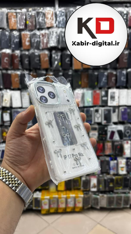 قاب گوشی iPhone 17 Pro Max آیفون لاکچری شفاف رزینی طرح شاین لنز کرومی طرح پاپیون