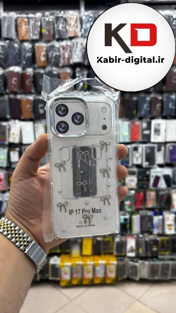 قاب گوشی iPhone 17 Pro Max آیفون لاکچری شفاف رزینی طرح شاین لنز کرومی طرح پاپیون