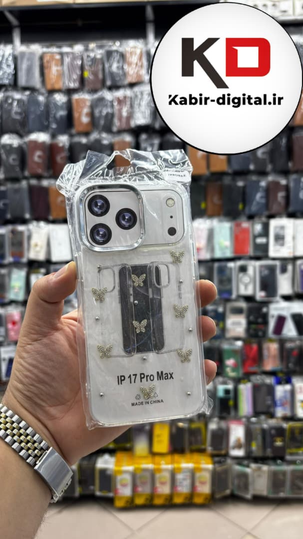 قاب گوشی iPhone 17 Pro Max آیفون لاکچری شفاف رزینی طرح شاین لنز کرومی طرح پروانه نگین دار