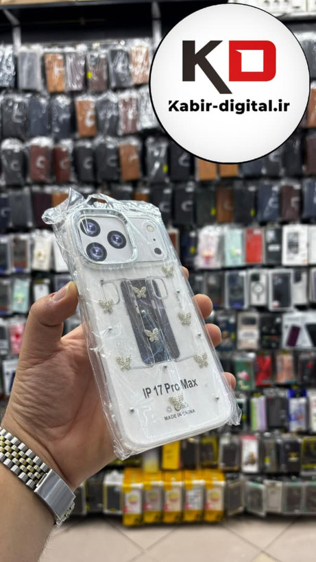 قاب گوشی iPhone 17 Pro Max آیفون لاکچری شفاف رزینی طرح شاین لنز کرومی طرح پروانه نگین دار