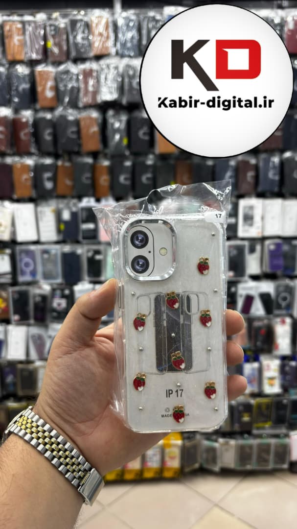 قاب گوشی iPhone 17 آیفون لاکچری شفاف رزینی طرح شاین لنز کرومی طرح توت فرنگی