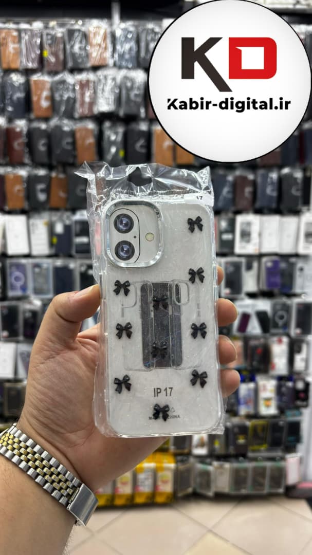 قاب گوشی iPhone 17 آیفون لاکچری شفاف رزینی طرح شاین لنز کرومی طرح پاپیون مشکی